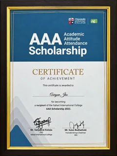 Aaryan Jha's first-year certificate for the AAA Scholarship