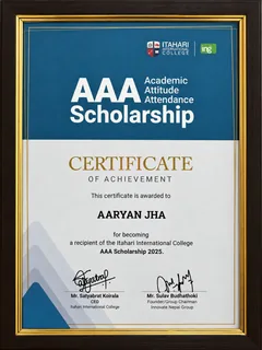 Aaryan Jha's second-year certificate for the AAA Scholarship