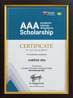 Aaryan Jha's third-year certificate for the AAA Scholarship